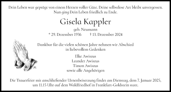 Traueranzeige von Gisela Kappler von FNP