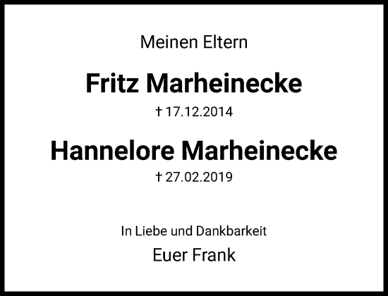 Traueranzeige von Hannelore Marheinecke von FNP