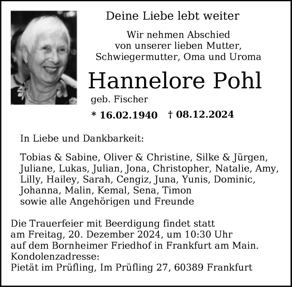  Traueranzeige für Hannelore Pohl vom 14.12.2024 aus FNP