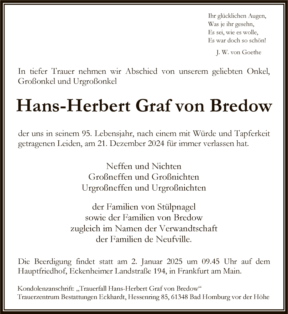  Traueranzeige für Hans-Herbert Graf von Bredow vom 28.12.2024 aus FNP