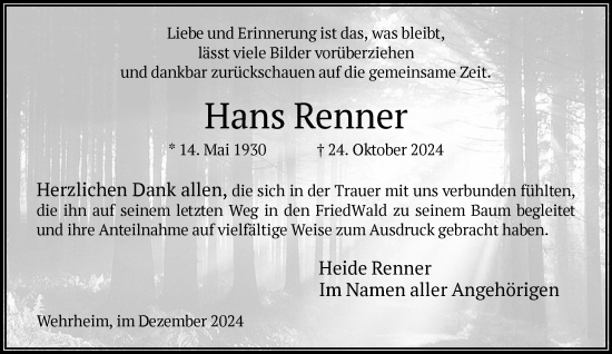 Traueranzeige von Hans Renner von FNP