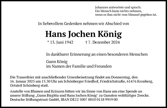 Traueranzeige von Hans Jochen König von FNP