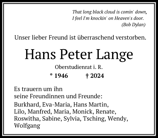 Traueranzeige von Hans Peter Lange von FNP