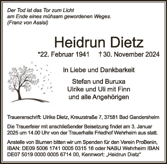 Traueranzeige von Heidrun Dietz von FNP