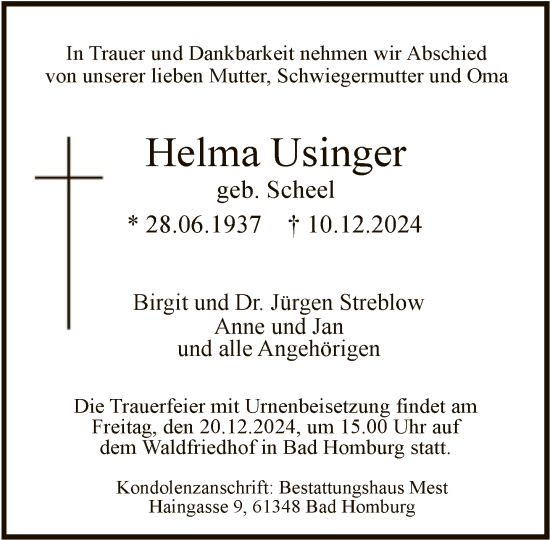 Traueranzeige von Helma Usinger von FNP