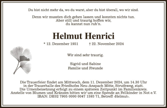 Traueranzeige von Helmut Henrici von FNP