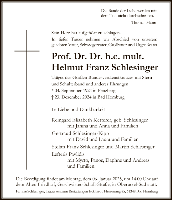 Traueranzeige von Helmut Franz Schlesinger von FNP