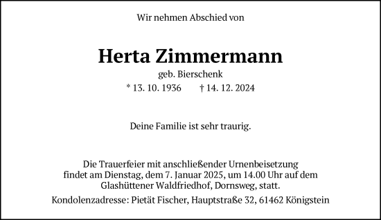 Traueranzeige von Herta Zimmermann von FNP