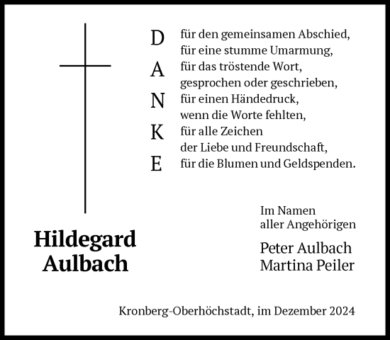 Traueranzeige von Hildegard Aulbach von FNP