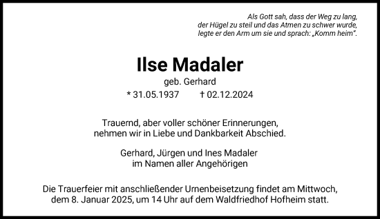 Traueranzeige von Ilse Madaler von FNP