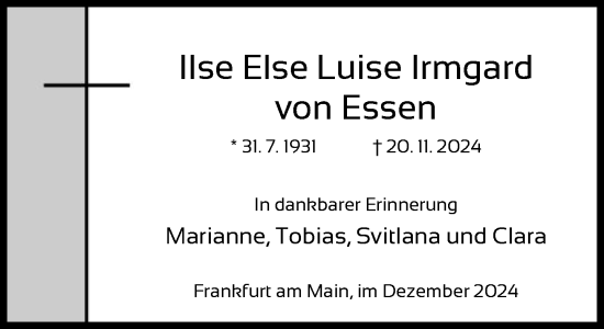 Traueranzeige von Ilse Else Luise Irmgard von Essen von FNP