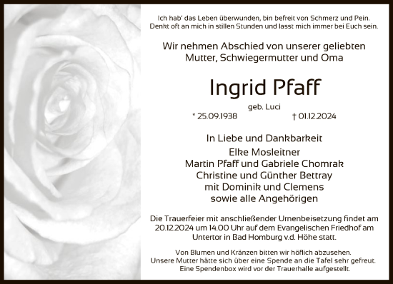 Traueranzeige von Ingrid Pfaff von FNP