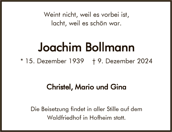 Traueranzeige von Joachim Bollmann von FNP