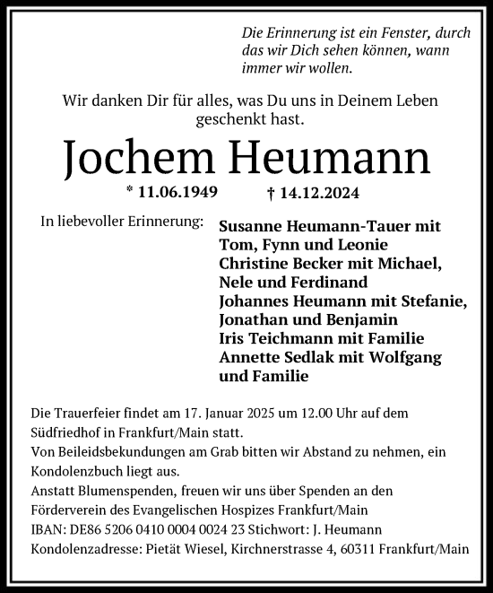 Traueranzeige von Jochem Heumann von FNP