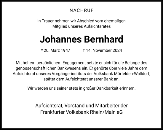 Traueranzeige von Johannes Bernhard von FNP