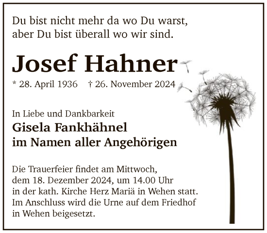 Traueranzeige von Josef Hahner von FNP