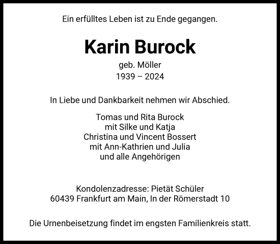 Traueranzeige von Karin Burock von FNP