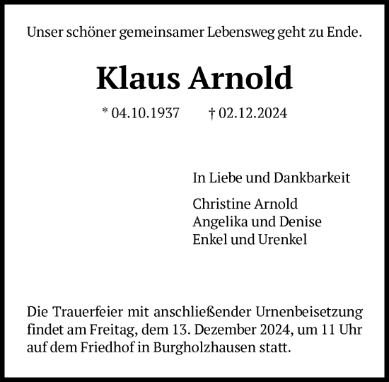 Traueranzeige von Klaus Arnold von FNP