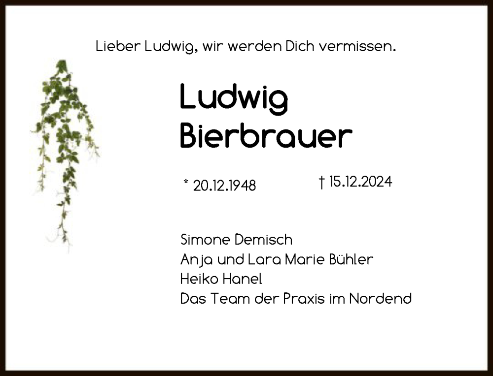  Traueranzeige für Ludwig Bierbrauer vom 19.12.2024 aus FNP