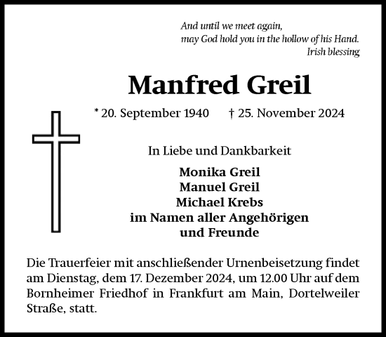 Traueranzeige von Manfred Greil von FNP