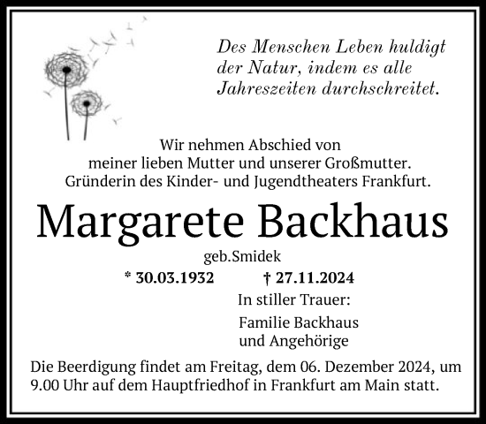 Traueranzeige von Margarete Backhaus von FNP