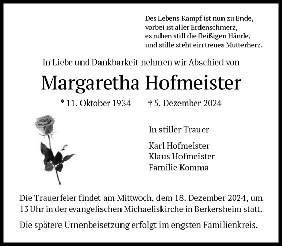 Traueranzeige von Margaretha Hofmeister von FNP