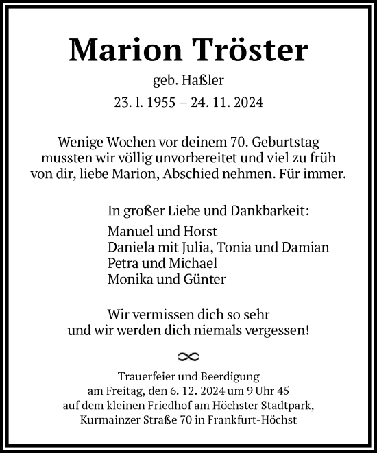 Traueranzeige von Marion Tröster von FNP