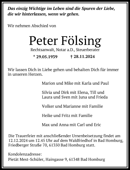 Traueranzeige von Peter Fölsing von FNP