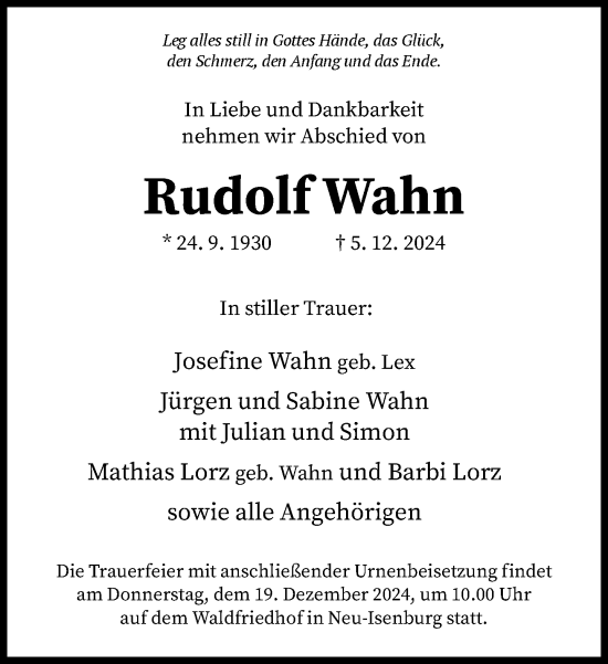 Traueranzeige von Rudolf Wahn von FNP