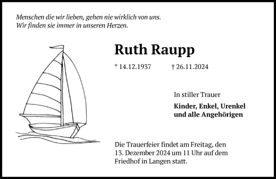 Traueranzeige von Ruth Raupp von FNP