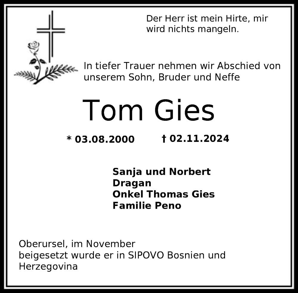  Traueranzeige für Tom Gies vom 14.12.2024 aus FNP