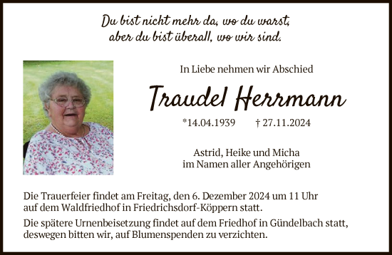 Traueranzeige von Traudel Herrmann von FNP