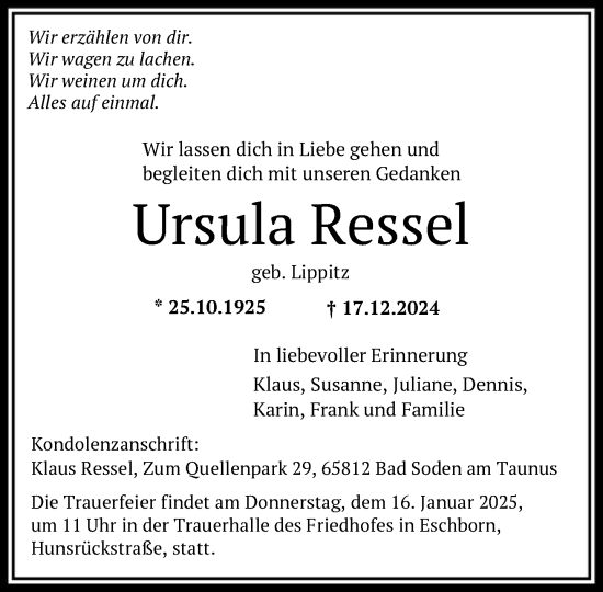 Traueranzeige von Ursula Ressel von FNP