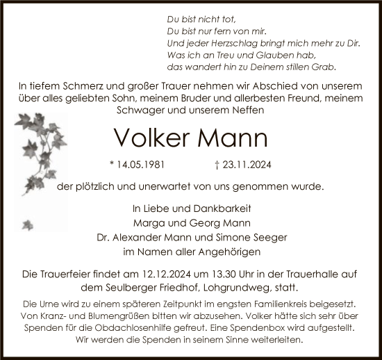 Traueranzeige von Volker Mann von FNP