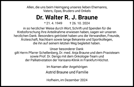 Traueranzeige von Walter Braune von FNP
