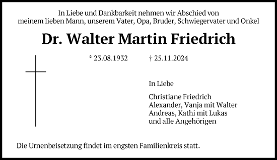 Traueranzeige von Walter Martin Friedrich von FNP