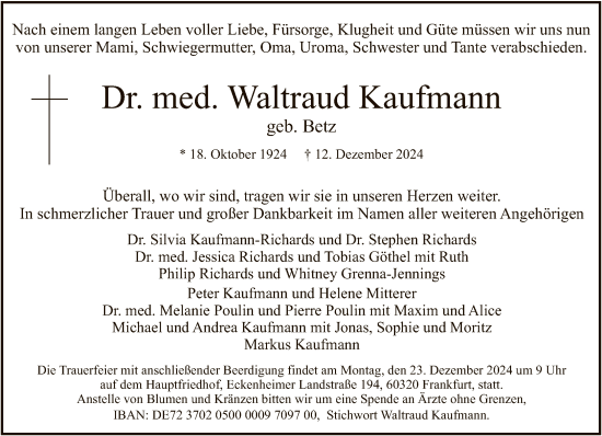 Traueranzeige von Waltraud Kaufmann von FNP