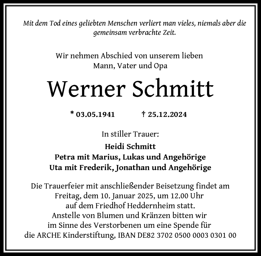  Traueranzeige für Werner Schmitt vom 31.12.2024 aus FNP