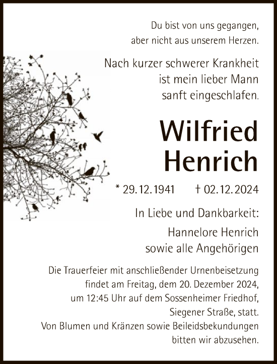 Traueranzeige von Wilfried Henrich von FNP