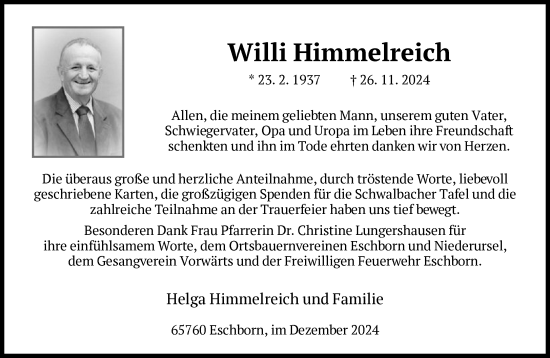 Traueranzeige von Willi Himmelreich von FNP