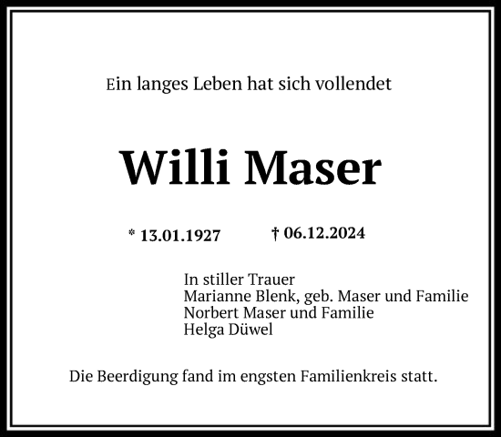 Traueranzeige von Willi Maser von FNP