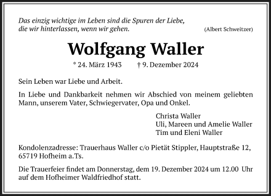 Traueranzeige von Wolfgang Waller von FNP