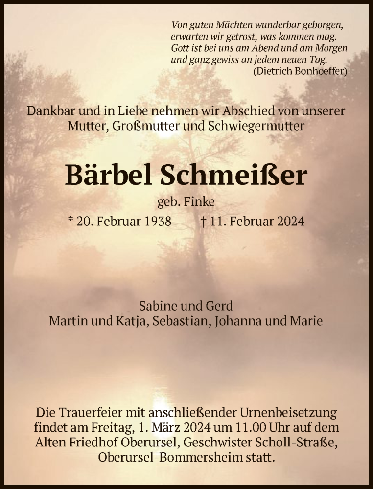  Traueranzeige für Bärbel Schmeißer vom 17.02.2024 aus FNP