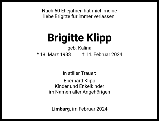 Traueranzeige von Brigitte Klipp von FNP