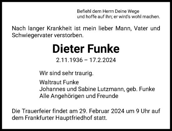 Traueranzeige von Dieter Funke von FNP