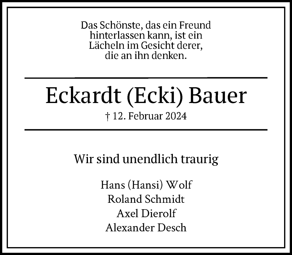  Traueranzeige für Eckhardt Bauer vom 17.02.2024 aus FNP