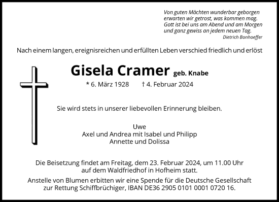 Traueranzeige von Gisela Cramer von FNP