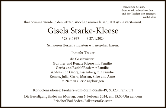 Traueranzeige von Gisela Starke-Kleese von FNP