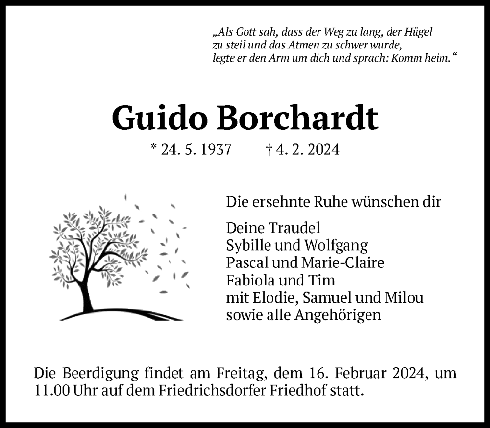  Traueranzeige für Guido Borchardt vom 10.02.2024 aus FNP