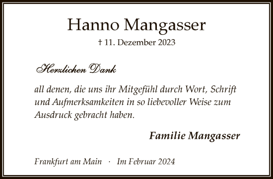 Traueranzeige von Hanno Mangasser von FNP